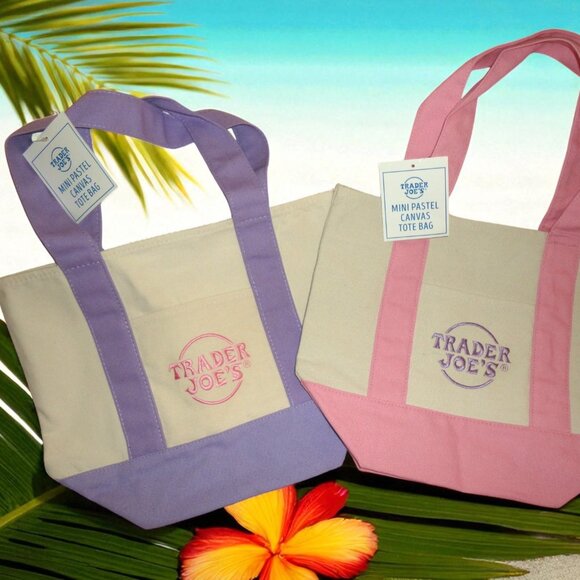 Trader Joe's Mini Tote Bags (2) Pastel Cream Pink & Purple - Picture 1 of 3